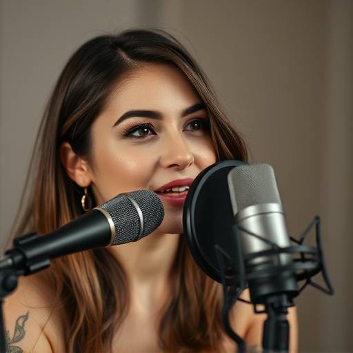 Atriz de dublagem em frente ao microfone, sincronizando voz com a imagem.