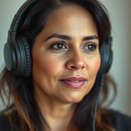 Retrato de Fernanda Costa, narradora e produtora de audiolivros, com fones de ouvido.