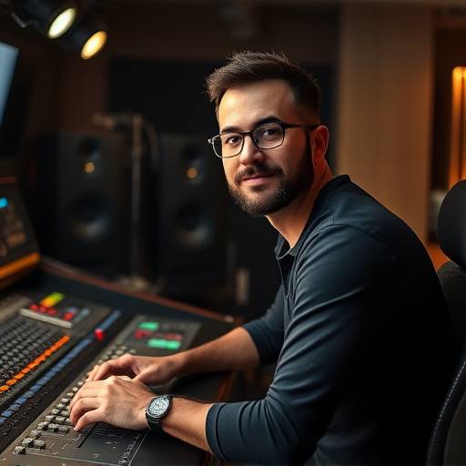 Retrato de Marcelo Silva, engenheiro de som, trabalhando em uma mesa de mixagem.